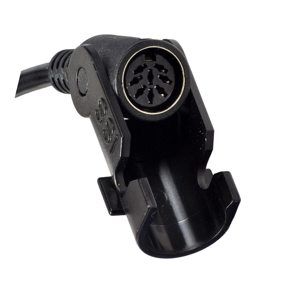 Close-up of a black 5-pin DIN connector with a curved end, attached to a cable. The connector is seen from the side, highlighting its circular shape and the arrangement of pins inside.