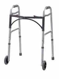 A sleek silver rollator with two front wheels and comfortable hand grips, designed to provide mobility and support for individuals needing assistance while walking.